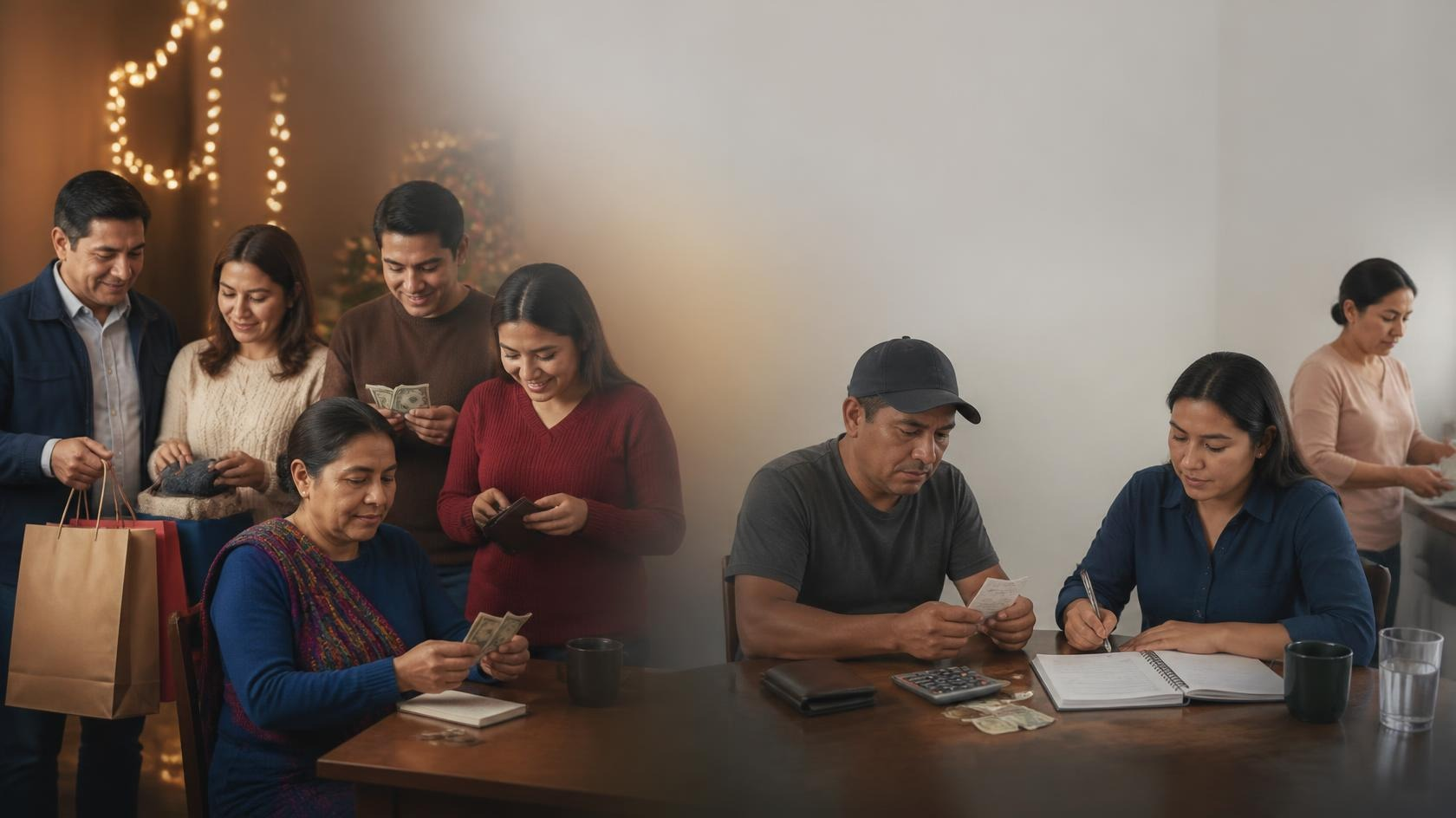 Personas revisan dinero y documentos relacionados con el aguinaldo.