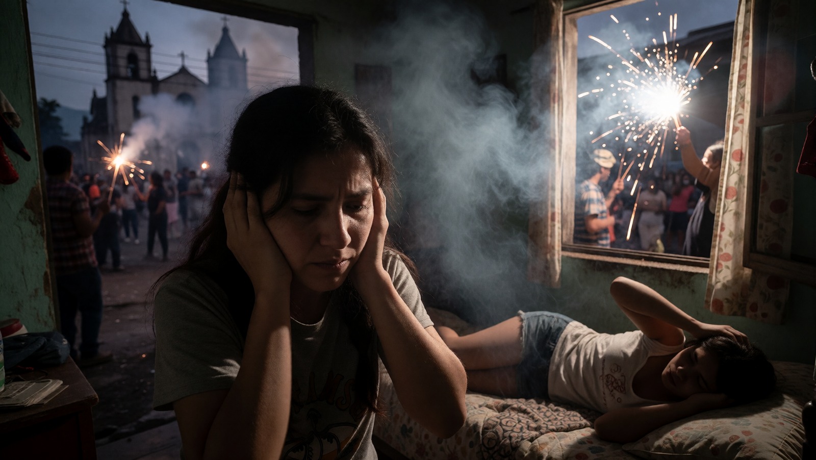 Mujer se cubre los oídos mientras fuegos artificiales estallan afuera; un niño descansa en una cama.