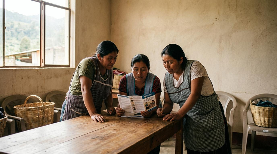 Tres trabajadoras revisan una guía juntas alrededor de una mesa.