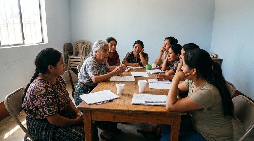 Mujeres trabajadoras participan en una reunión alrededor de una mesa.