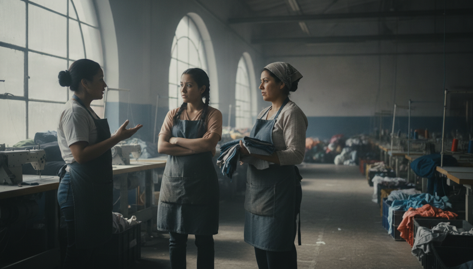 Tres trabajadoras conversan en un espacio industrial con máquinas de confección.