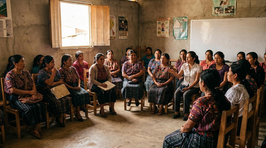 Mujeres reunidas en círculo en un salón; varias llevan cuadernos.