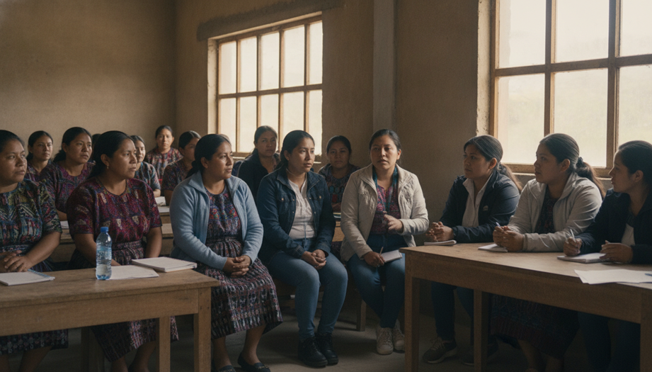 Mujeres reunidas alrededor de una mesa en un salón.