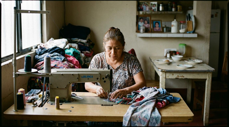 Mujer trabaja en una máquina de coser dentro de su hogar.