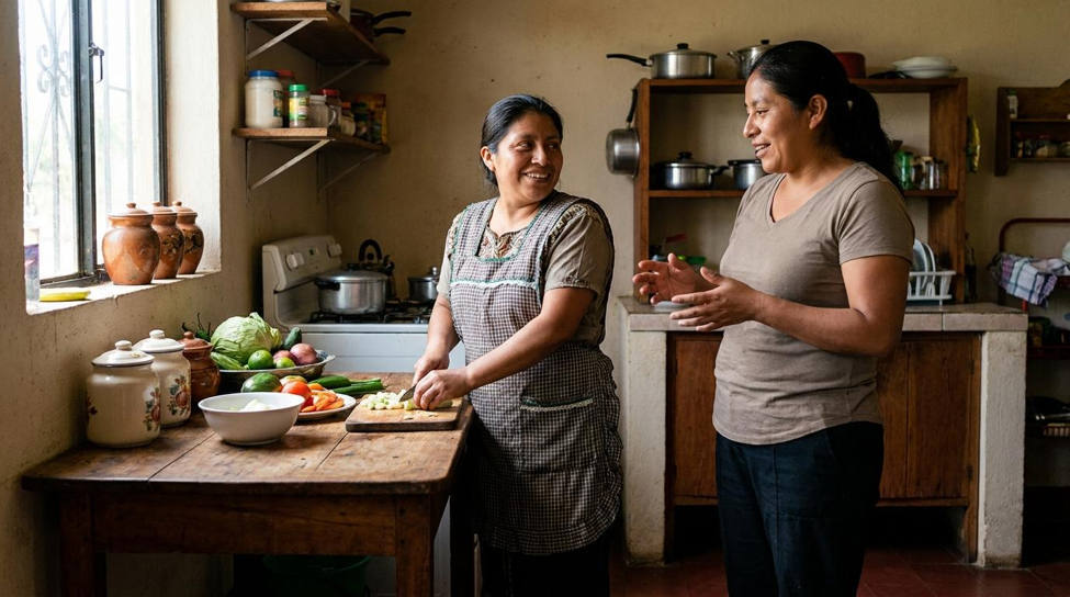 Dos mujeres en una cocina; una prepara alimentos en una mesa y la otra conversa a su lado.